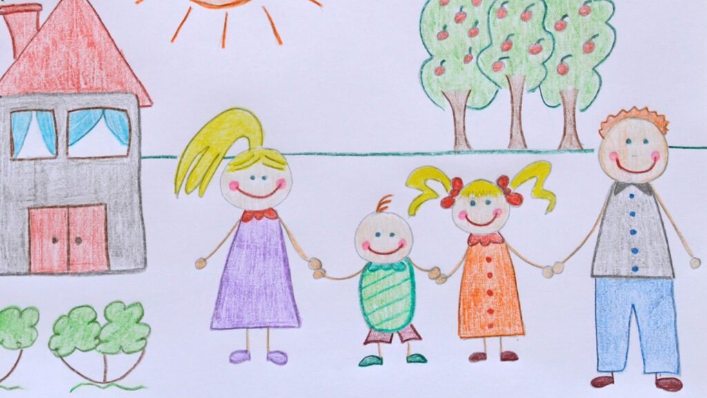 Child's drawing of a family and house